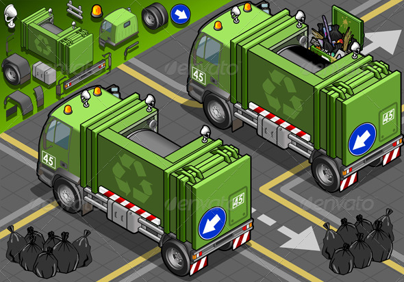 Isometric Garbage Truck in Front View - Objects Vectors