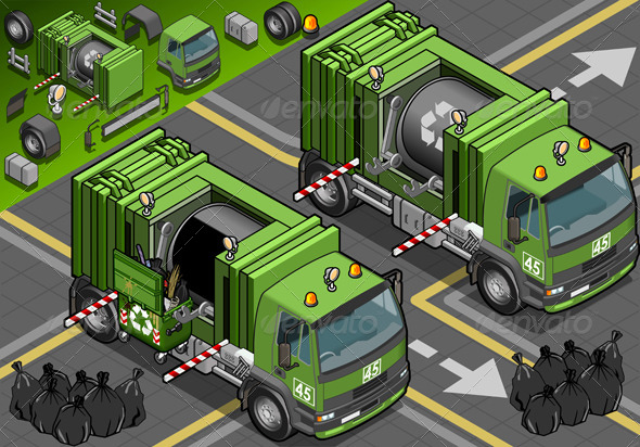 Isometric Garbage Truck in Rear View - Objects Vectors