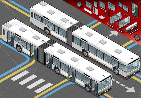 Isometric Long Bus with Open Doors in Front View - Objects Vectors