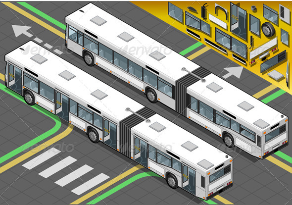 Isometric Long Bus with Open Doors in Rear View - Objects Vectors