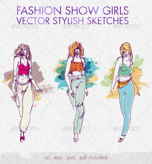 Fashion Show Girls Vector Stylish Sketches - People Characters