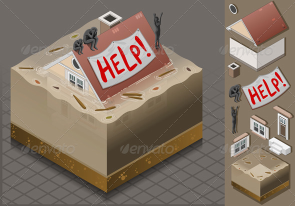 Isometric Flood Mudded House with Men - Objects Vectors