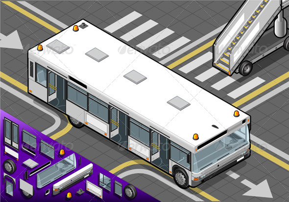 Isometric Airport Bus with Open Doors in Rear View - Objects Vectors
