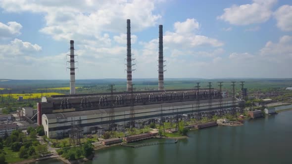 Aerial View Thermal Power Plant. Electricity Generation From Fossil Fuels. Combustion of Coal and