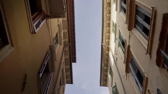 Bottom View of European Houses with Blue Sky in a City on a Summer Day