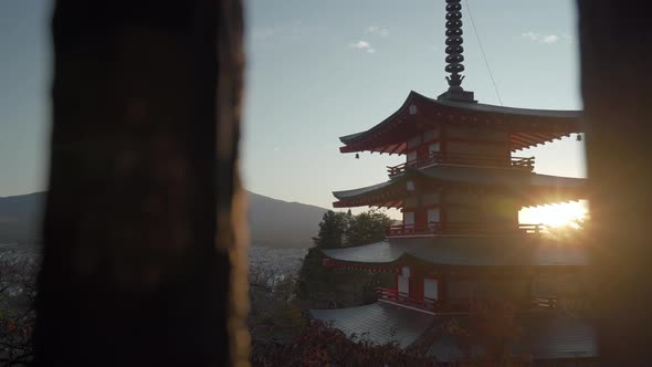 4K UHD Video of Chureito Pagoda, Japan at sunset with Mount Fuji alt