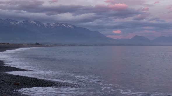 Sunset at Kaikoura Beach during spring.  alt