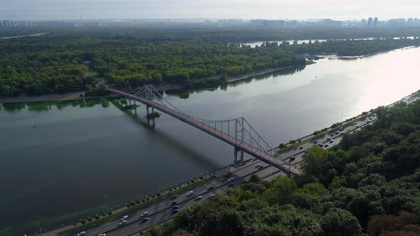 Drone Aerial View Kyiv Pedestrian Bridge Truchaniv Island and Dnieper River alt
