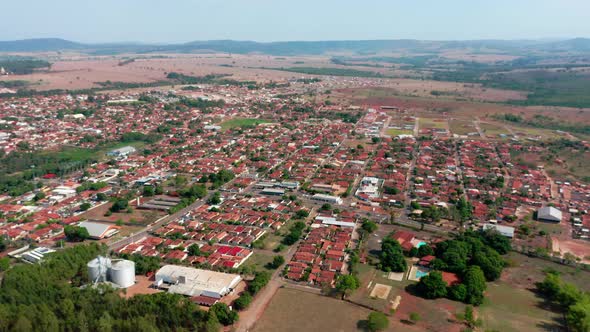 Aerial panoramic shot of a rural town in Goias, Brazil. alt