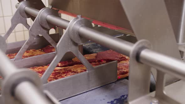 Feeding Large Pieces of Meat Into Automatic Cutter on Conveyor Belt