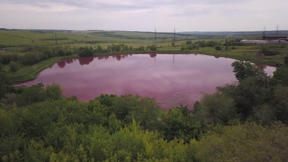 Aerial Landscape with Unusual Pink Technical Lake, Pink Water By Chemicals
