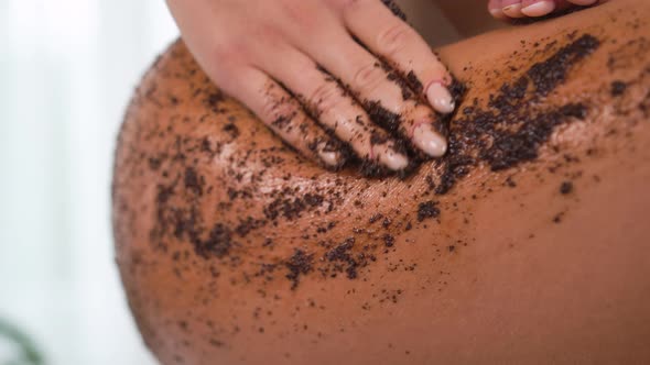 Closeup Applies Body Scrub Massage Leg Buttock Cleansing Skin Care Procedure