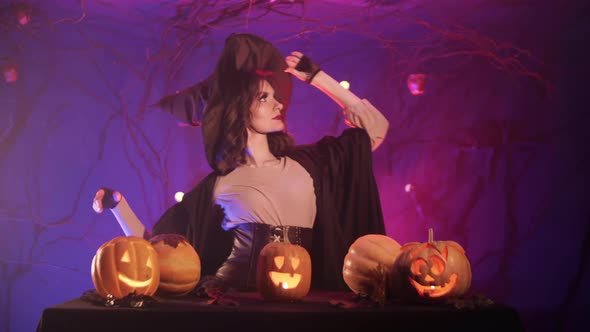 Funny cute witch dancing for halloween. Beautiful lighting. Halloween!