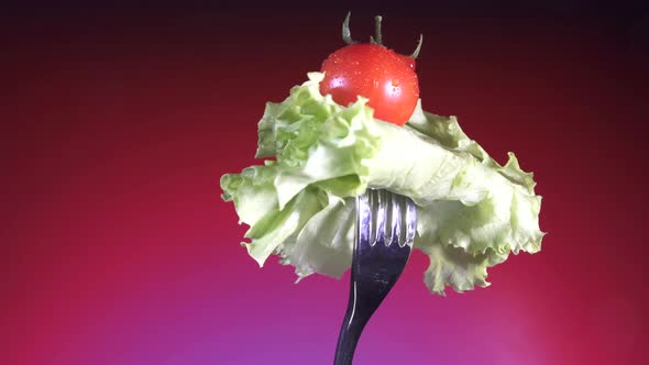 Fork with Fresh Red Tomato in Water Droplets and Lettuce Rotates Red Background alt