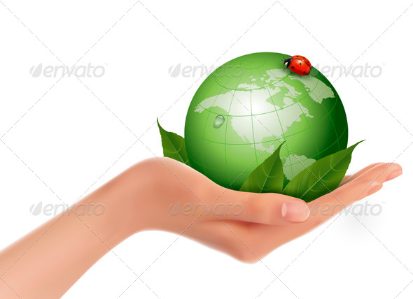 Green World and Leaf have Love Bug in Woman Hand - Nature Conceptual