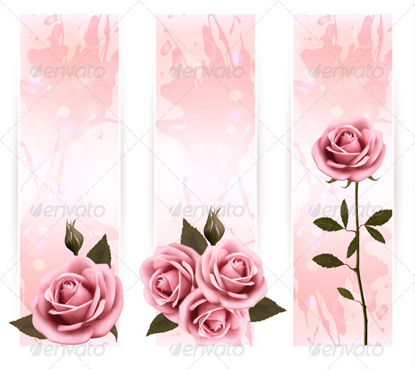 Set of Holiday Banners with Pink Roses - Flowers & Plants Nature