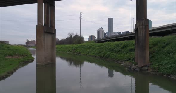 This video is about an aerial view of the Buffalo Bayou near downtown Houston on a cloudy day. This alt