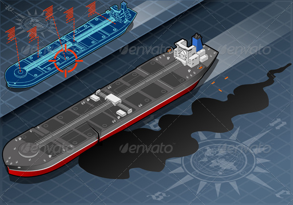 Isometric Ship Tanker Leaky Oil in Front View - Objects Vectors