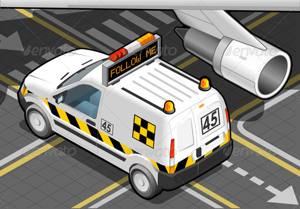 Isometric Airport Follow-Me-Car in Rear View - Objects Vectors