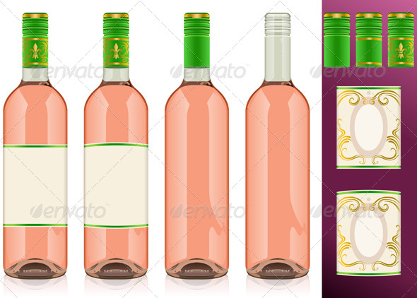 Four Rose Wine Bottles with Labels - Food Objects