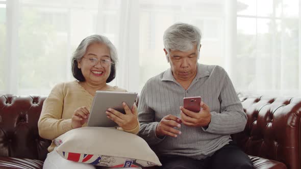 Senior couple making video call with happiness at home alt
