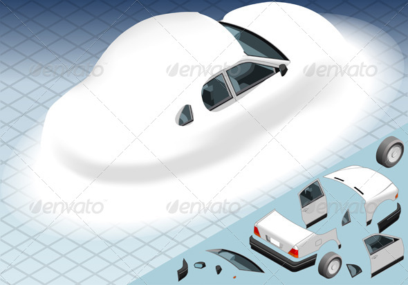 Isometric Snow Capped White Car in Rear View - Objects Vectors