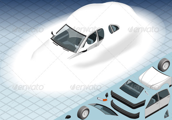 Isometric Snow Capped White Car in Front View - Objects Vectors