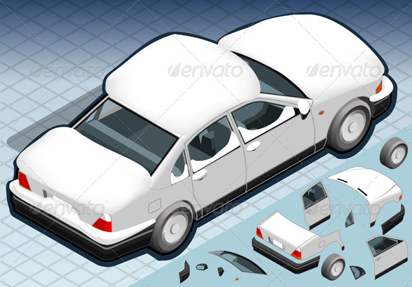 Isometric Snow Capped White Car in Rear View - Objects Vectors