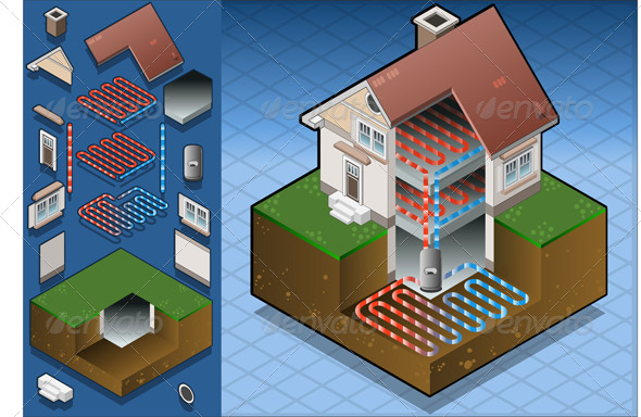 Isometric Geothermal Heat Pump Under Floor Heating - Buildings Objects