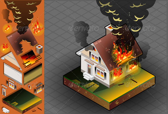 Isometric House on Fire - Buildings Objects