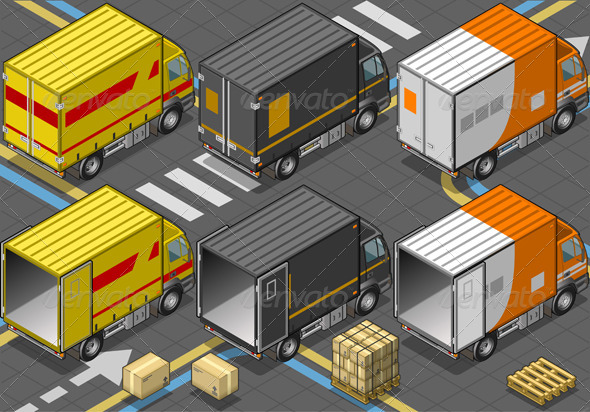Isometric Delivery Trucks in Rear View - Objects Vectors