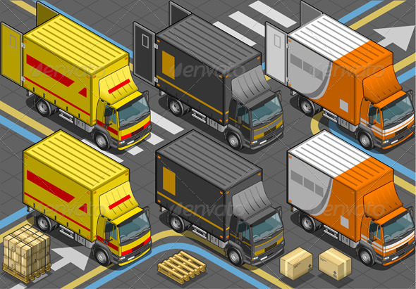 Isometric Delivery Trucks in Front View - Objects Vectors