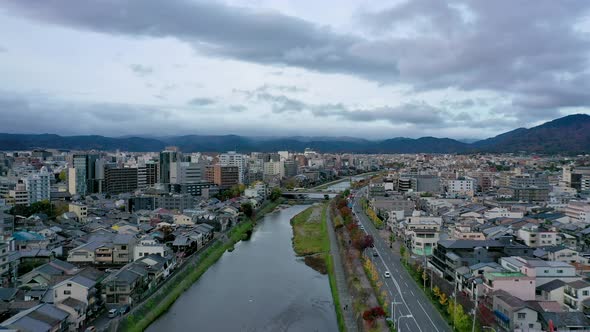 Aerial view 4k video by drone of Kyoto buildings with skyline view in Kyoto city alt
