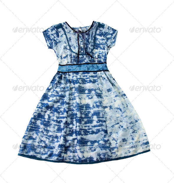 Paint spots blue evase belted dress - Stock Photo - Images