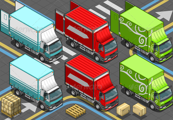 Isometric Delivery Trucks in Front View - Objects Vectors
