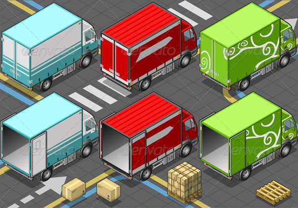 Isometric Delivery Trucks in Rear View - Objects Vectors