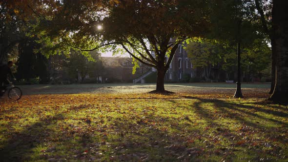 College student on campus riding bicycle