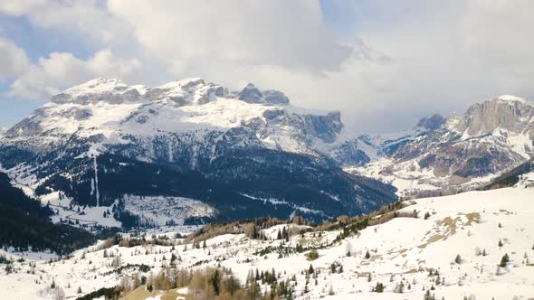 Aerial, Beautiful View On Snowy Dolomites Mountains, Huge Peaks And Beautiful Winter Landscape