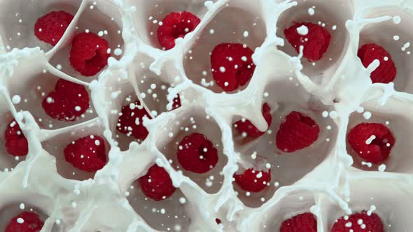 Super Slow Motion Shot of Fresh Raspberries Falling Into Cream at 1000Fps alt