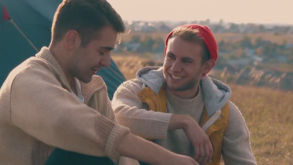 Hiker Talks to Boyfriend Resting at Blue Tent Slow Motion alt