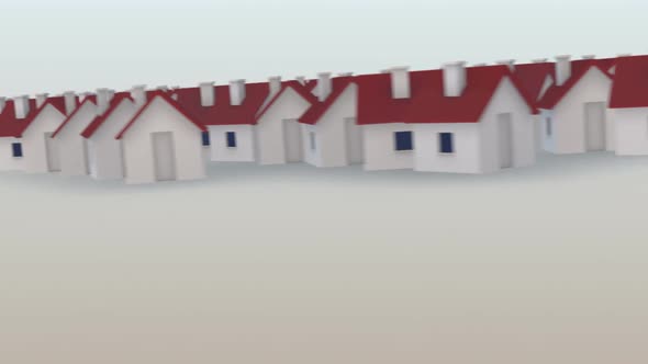 Houses with red roofs transform into the 'Develompent' word. 3D animation. alt