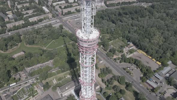 The Architecture of Kyiv. Ukraine: TV Tower. Aerial View. Slow Motion, Flat, Gray alt