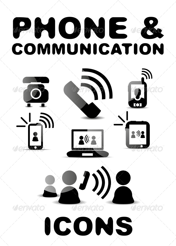 Black Glossy Phone / Communication Icon Set - Web Technology