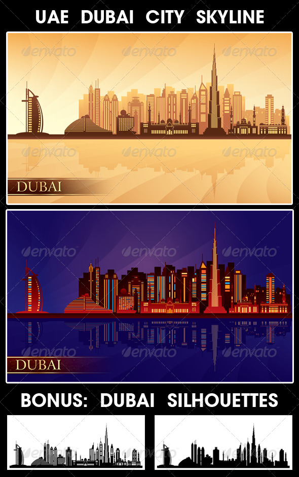 Dubai City Skyline Silhouettes Set - Buildings Objects
