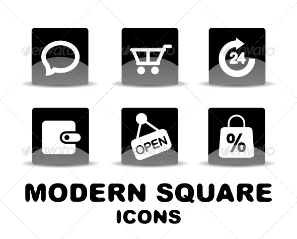 Modern Glossy Black Square Icon Set - Web Technology