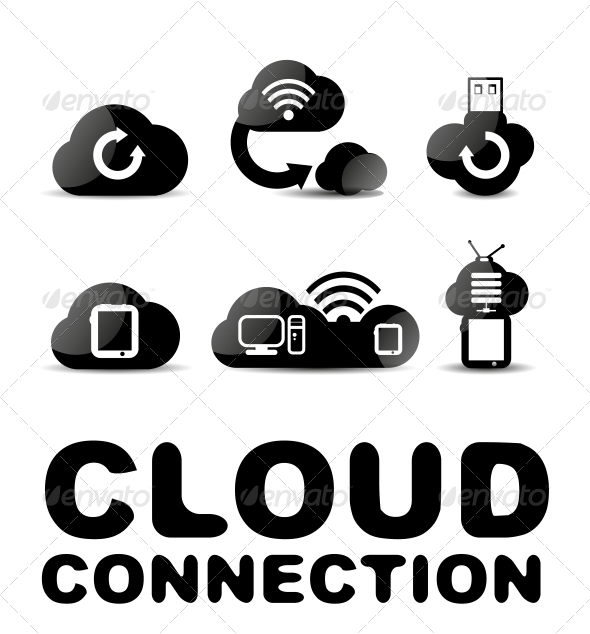 Cloud Connection Glossy Black Icon Set - Web Technology