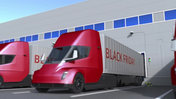 Modern Semitrailer Trucks with BLACK FRIDAY Text alt