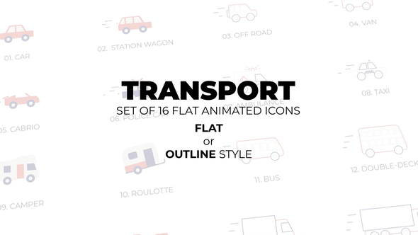 Transport - Set of 16 Animated Icons Flat or Outline style Elements template preview
