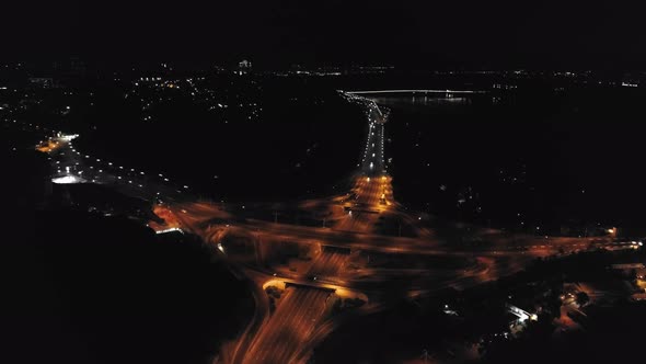 Aerial Drone Footage of Night Kyiv. Road Junction at Night