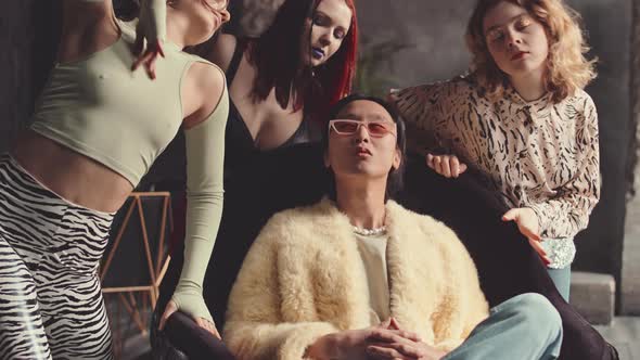 Asian Guy in Fur Coat Looking at Sexy Girls Dancing Vogue alt